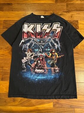 Kiss Black Tee with Red, Blue and White Graphic